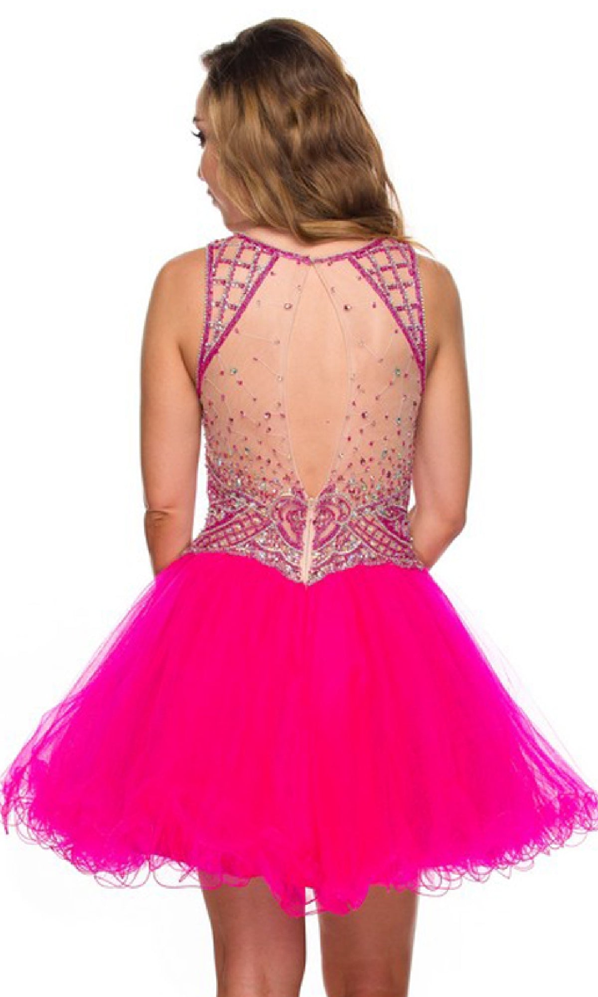 A woman wears the Juliet 761 short party dress, featuring a bright pink color, sleeveless design, sheer beaded back panel, and an A-line tulle mini skirt.
